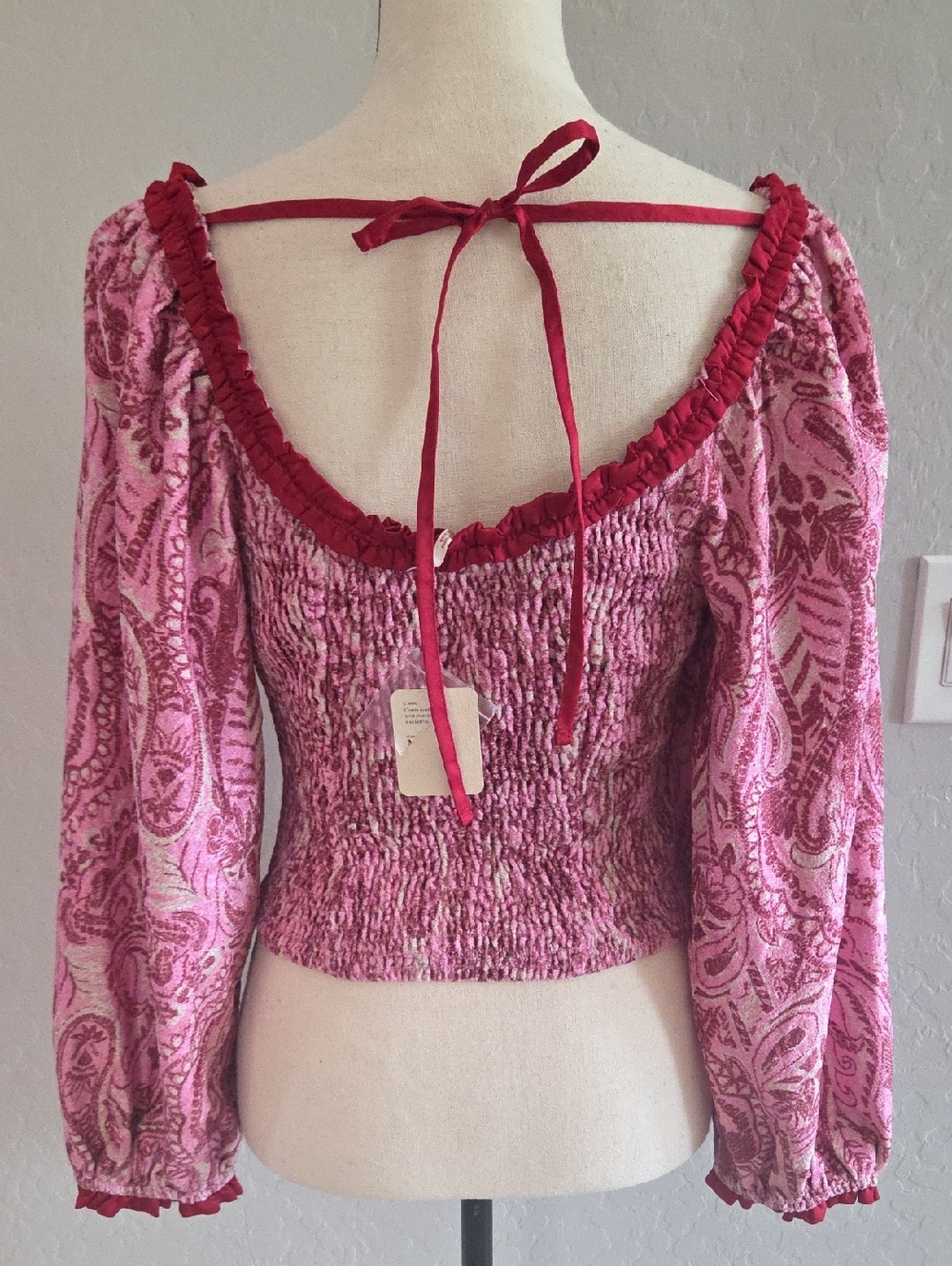 Free People Velvet Paisley Button-Front Cropped Peasant Blouse Size Med NWOT - Picture 8 of 15